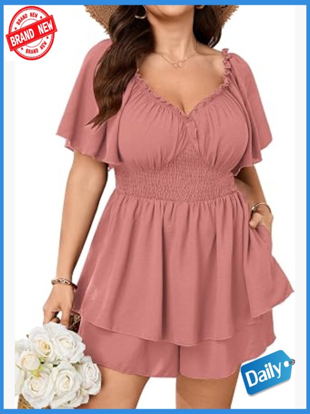 Plus Size Romper with Pockets Smocked Waist Short Jumpsuit